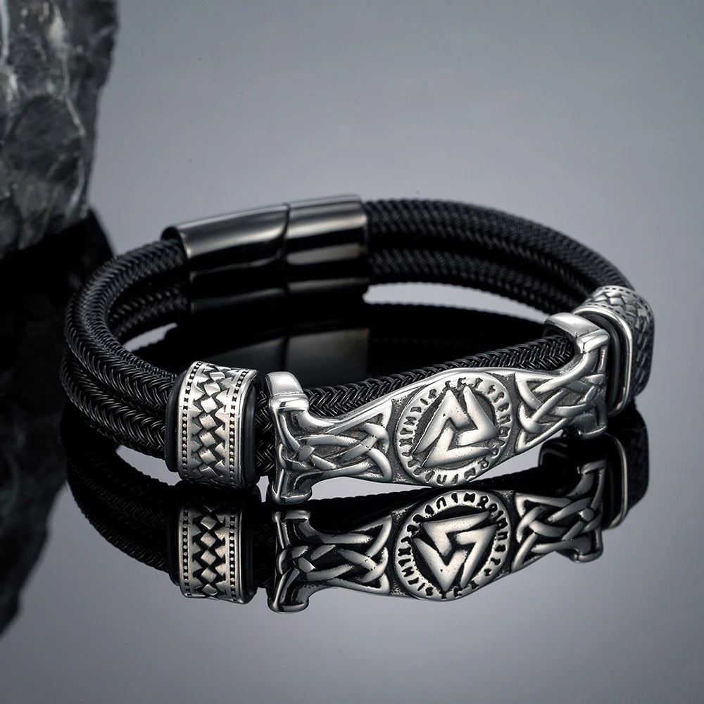 MKENDN Viking Style Stainless Steel Non-fading Steel Wire Rope Bracelets for Men Triangle Amulet Wrap Cuff Wirstband Bracelets