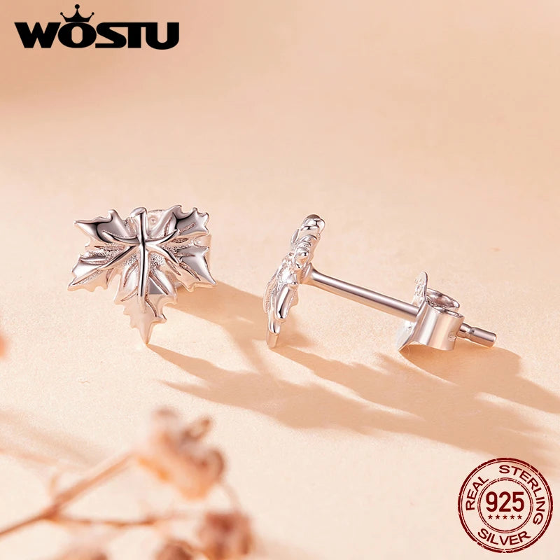 WOSTU 925 Sterling Silver Maple Leaves Stud Earrings For Women , s925 Silver Flower Leaf Studs Thanksgiving Holiday Jewelry Gift