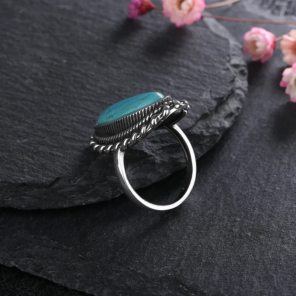 Vintage Sterling Silver 925 Big Stone 11*25mm Natural Turquoise Ring Retro Design Fine Jewelry Gifts Finger Ring For Women