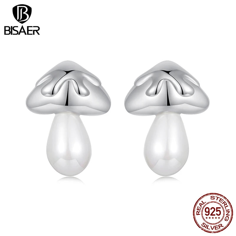 BISAER 100% 925 Sterling Silver Cute Mushroom Stud Earrings Pearl Stud Ear Plaqué Or Blanc Pour Femmes Fête Fine Jewelry Cadeau