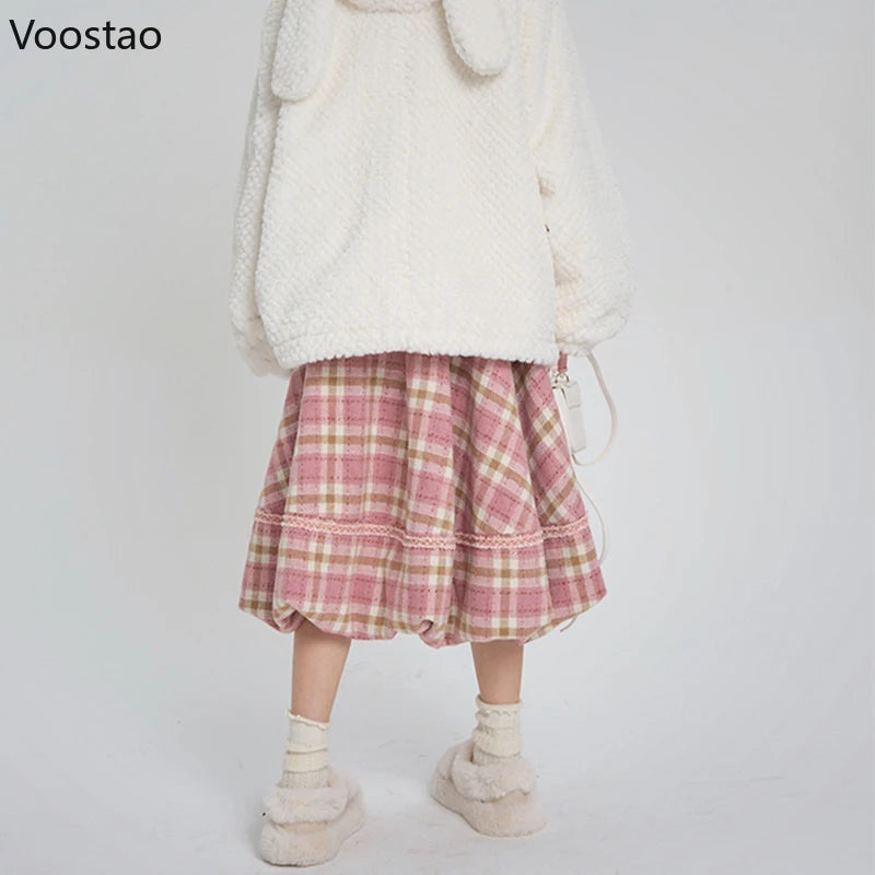 Pink Plaid Vintage Skirt Autumn Winter Women Preppy Style Chic Plush Ball Elegant Midi Skirt Korean Female Y2k A-Line Skirts