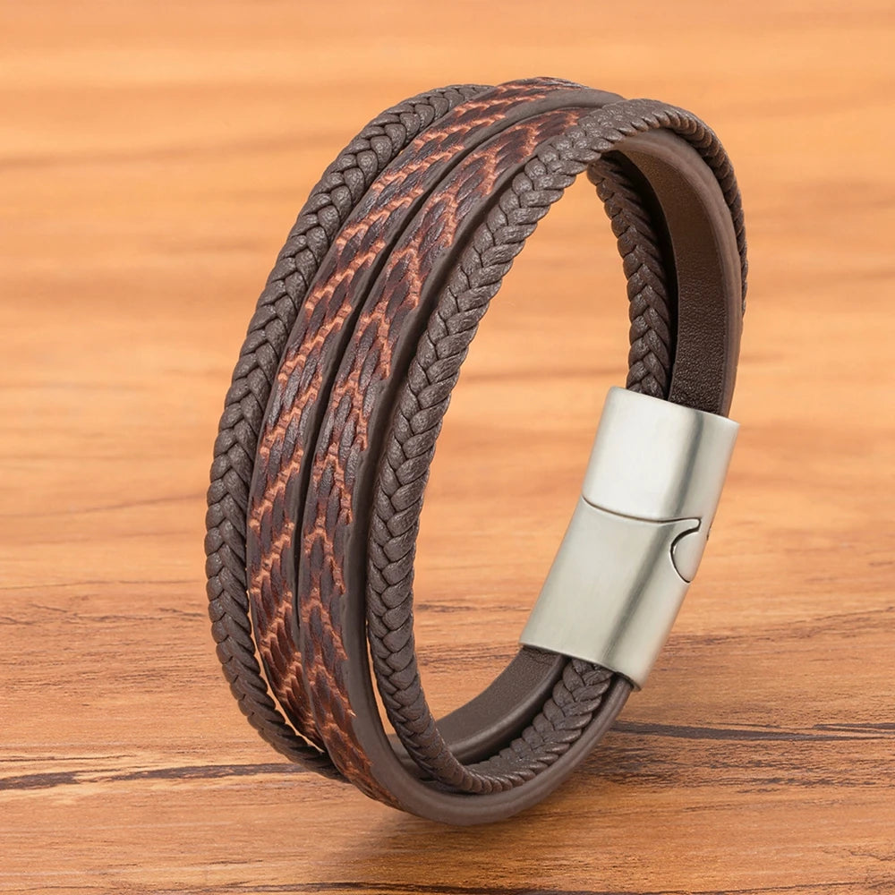 TYO Stylish Feather Pattern Design Multilayer Braid Leather Mens Bracelet Stainless Steel Magnetic Clasp Bangles Jewelry Gift