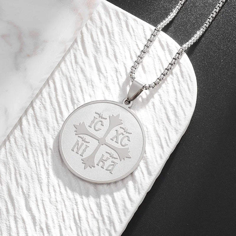 Stainless Steel Cross Coin Medal Pendant Necklace for Men Women Fashion Lucky Amulet Jewelry Gift