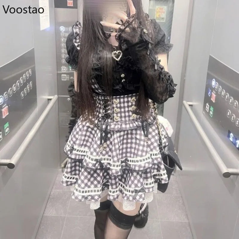 Japanese Gothic Lolita Style Rhinestone Bow Dress Shorts Set Women Sweet Cute Slim Plaid Strap Dress Elegant Kawaii Y2k Outfits