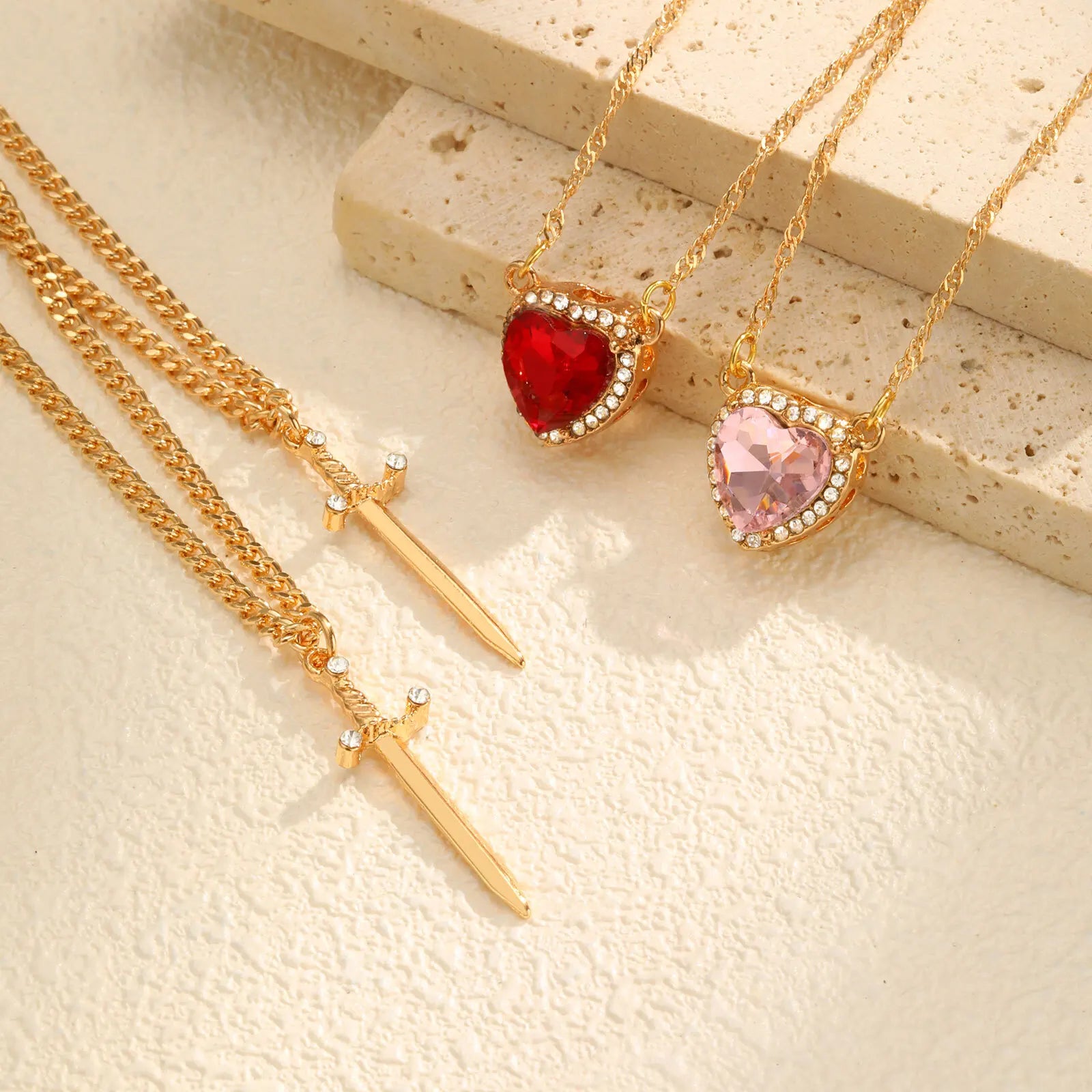 Vnox 2pcs Pendant Necklace For Women Men Zircon Heart And Sword Can Assemble Love Couple Gold Plated Choker Charm Jewelry Gifts