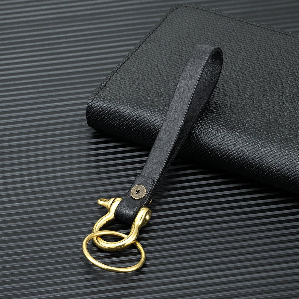 MKENDN Retro Solid Brass Carabiner Hook Nautical Horseshoe Shackle Genuine cow leather Strap Hholder keychain keyring FOB Gifts