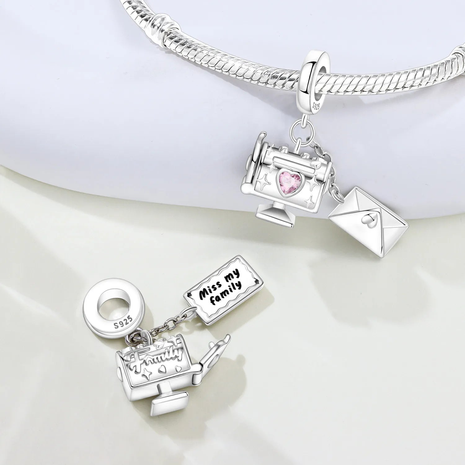 PANPOKI 925 Sterling Silver Pink Love Zircon Email Envelope Beads Original Pendants Bracelet Charm Jewelry Party DIY Gifts
