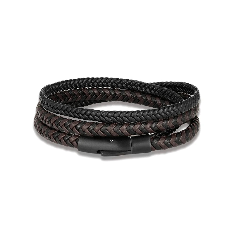 Simple Style Men Double Layer Leather Bracelet Matte Black Stainless Steel Button Accessories Hand-woven Jewelry Gifts