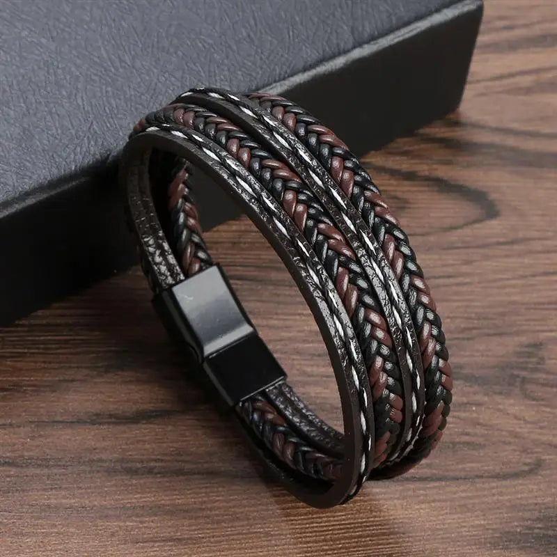 Jiayiqi Fashion Braided Rope Woven Multilayer Leather Men Bracelets Punk Stainless Steel Bangle for Friend Charm Jewelry Gifts