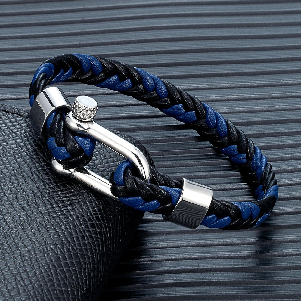MKENDN Punk Men Braided Black Coffee Leather Bracelet Stainless Steel Shackle Buckle Bracelet Gifts Homme Pulsera