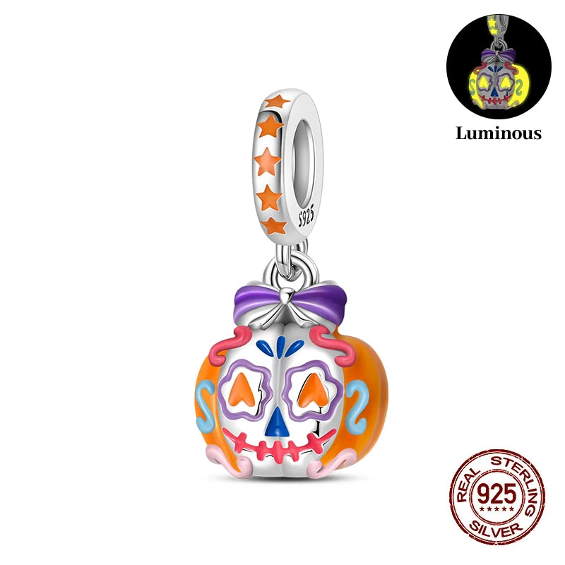 New 925 Sterling Silver Luminous Halloween Skull Witch Pumpkin Candy Charms Beads Fit 3mm Original Bracelets Party Jewelry