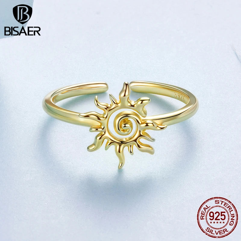 BISAER 925 Sterling Silver Sun Open Ring Stackable Eternity Band Plated Gold for Women Party Fine Jewelry EFR709-E