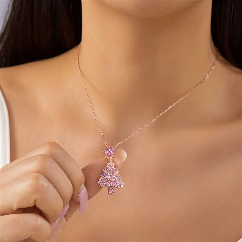 Exquisite Snowflake Flower Pendant Choker Necklace for Women Shiny Rhinestone Xmas Tree Clavicle Choker Girls New Year Jewelry