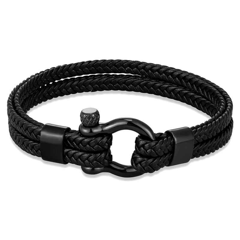MKENDN Multilayer Woven Leather Bracelet For Men Women Black Stainlass Steel Shackle Screw Bracelets Outdoor Style Jewelry Gifts
