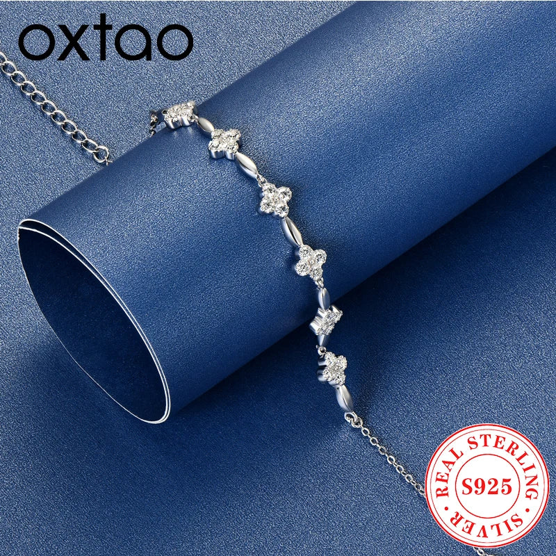 OXTAO Moissanite Four-leaf Crocodile Flower Bracelet Women's 925 Sterling Silver Adjustable Chain Tail Fine Jewelry Birthday