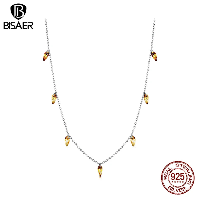 BISAER 100% 925 Sterling Silver Amber Tassel Necklace Pendant Chain Adjustable Plated White Gold Women Fine Jewelry EFN432