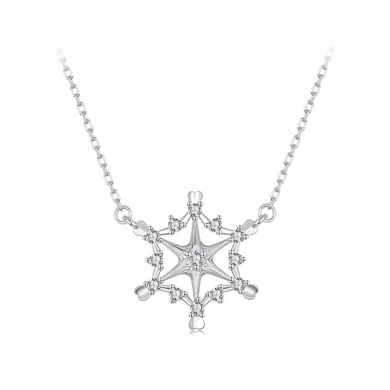 WOSTU Christmas Real 925 Sterling Silver Snowflake Pendant Necklace with Clear Cubic Zirconia New Year Holiday Jewelry Gift