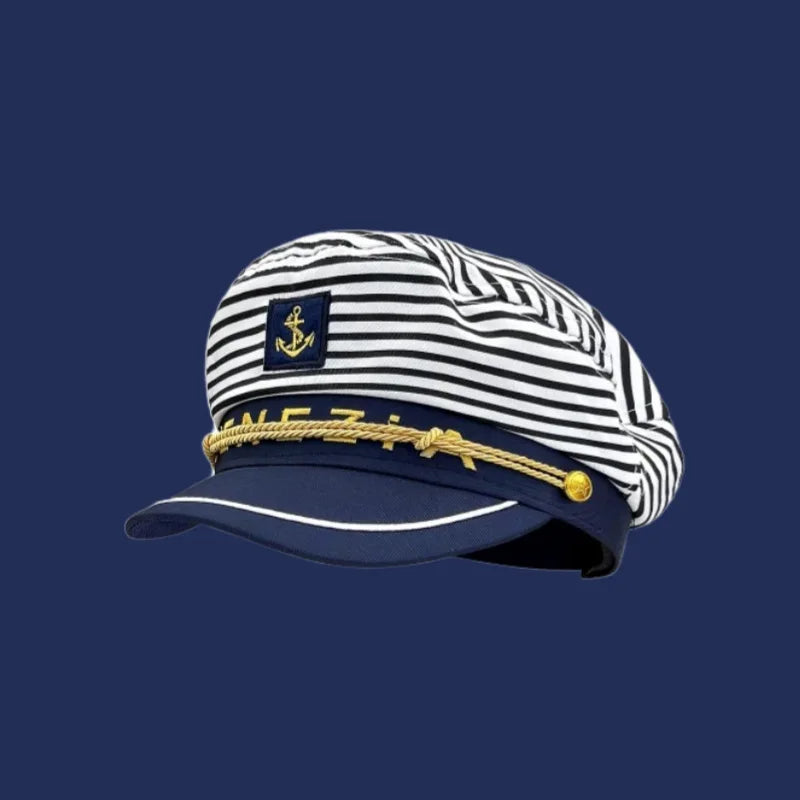 Women's Summer Sailor Hat - British Style Captain Flat Top Navy Cap, Retro Beret for Photos, Slimming Face Fashion