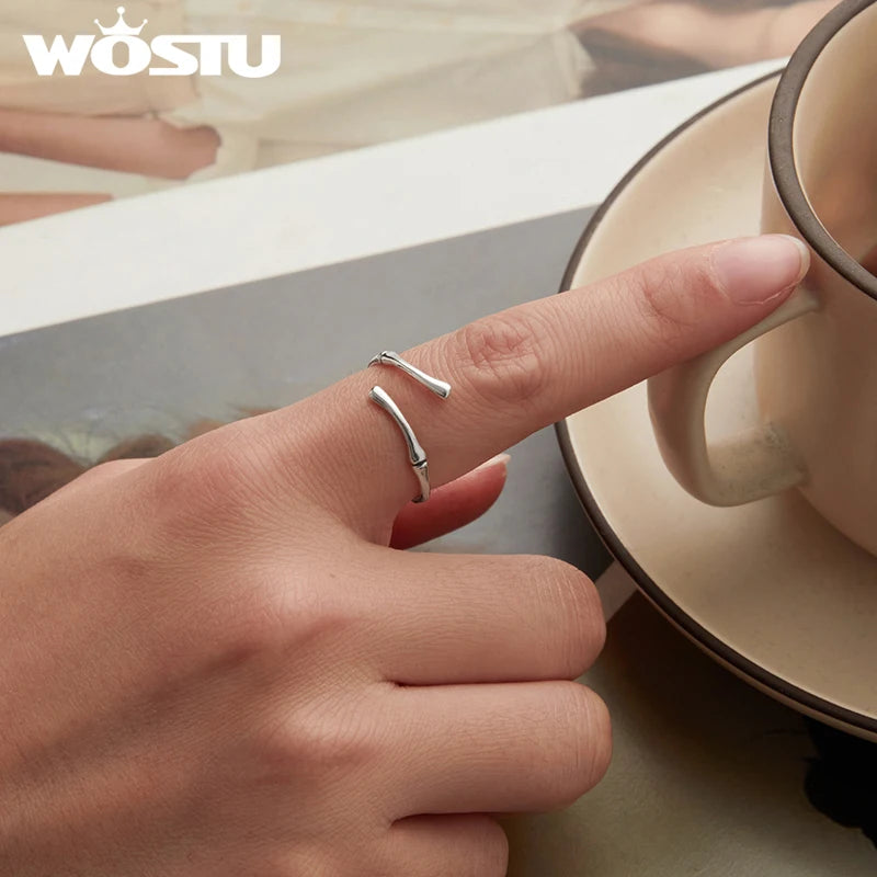 WOSTU Solid 925 Sterling Silver Simple Bamboo Ring For Women Opening Bamboo Rings Daliy Wear Party Gift  SCR1124-E