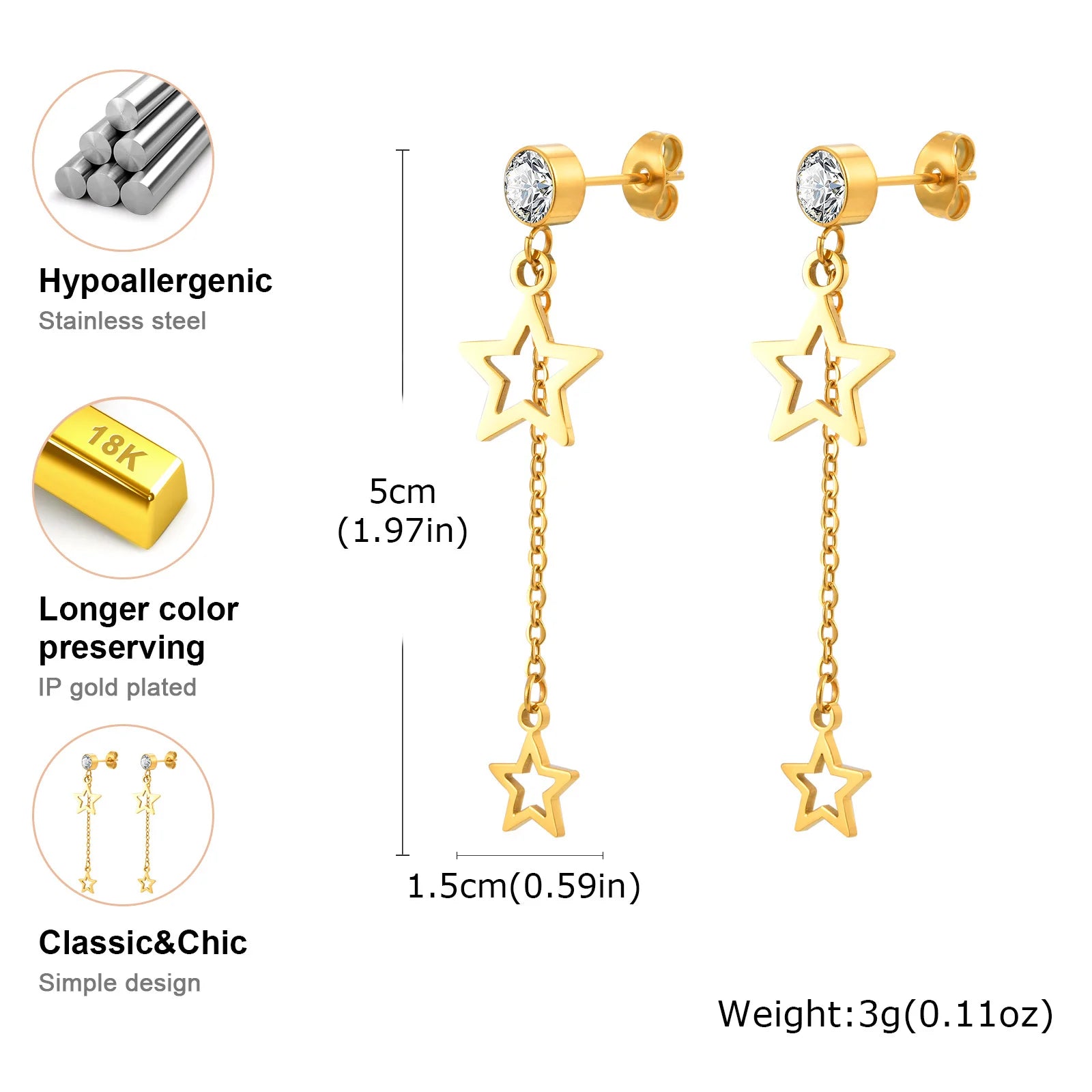 Vnox Bright Stainless Steel Hollow Star Tassel Stud Earrings For Women Lightweight Long Chain Drop Earring Girls Jewelry Party - Madeinsea©