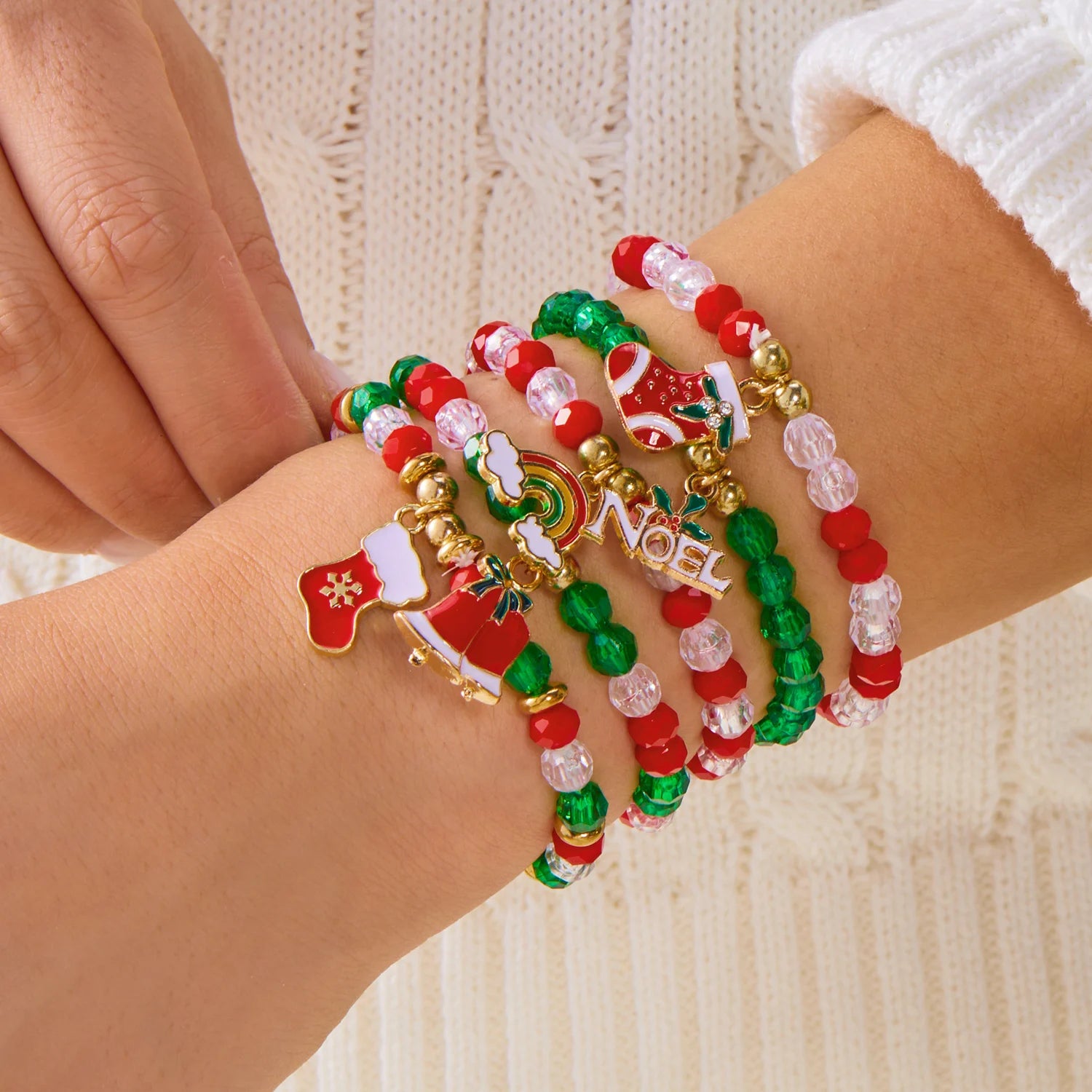 Christmas Series Bracelet Set For Women Santa Claus Snowman Xmas Tree Snowflake Crystal Beads Bracelets Party Charm Jewelry Gift