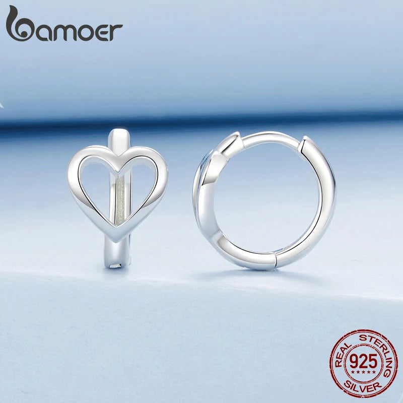BAMOER 925 Sterling Silver Heart Hoop Earrings, White Gold Plated Minimalist Hoop Earrings Sweet Love Heart Jewelry for Women