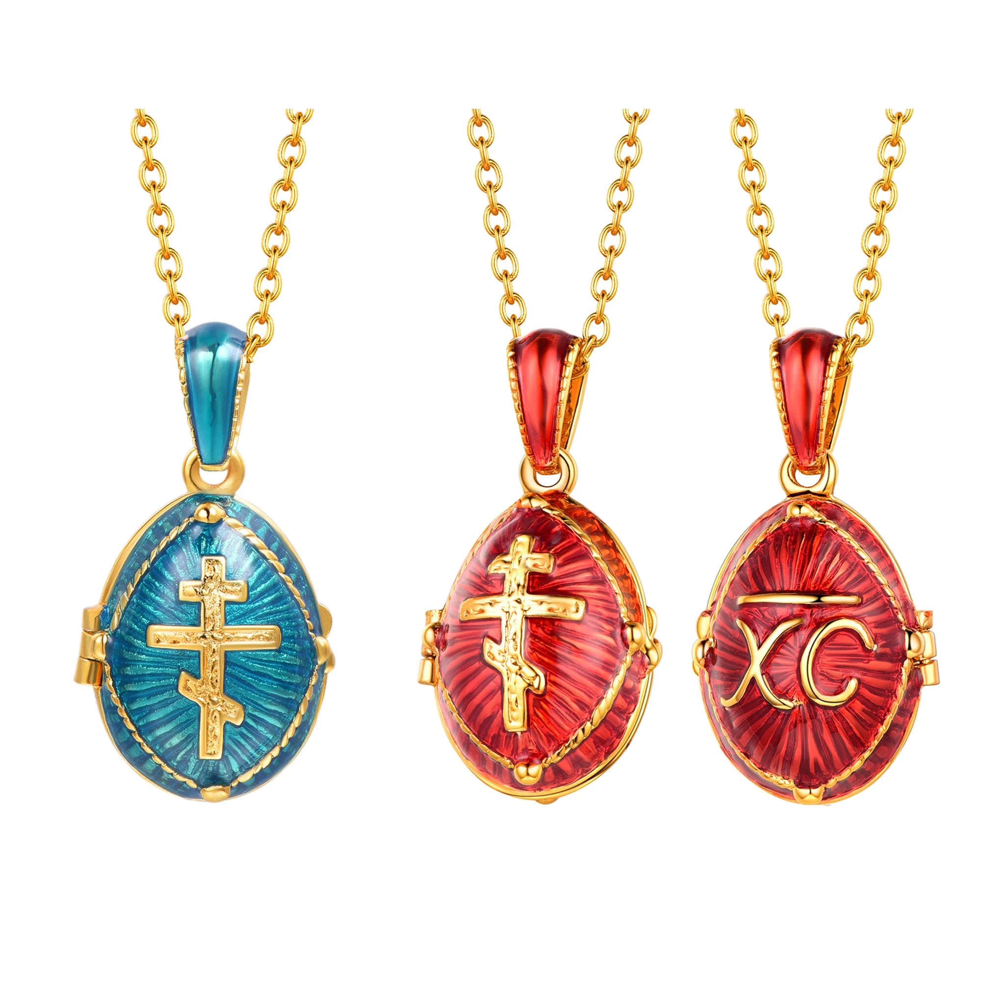 U7 Blue Red Oval Orthodox Cross Locket Necklaces Glaze of Enamel 14k Gold Color Religion Christians DIY Jewelry Gift for Her - Madeinsea©