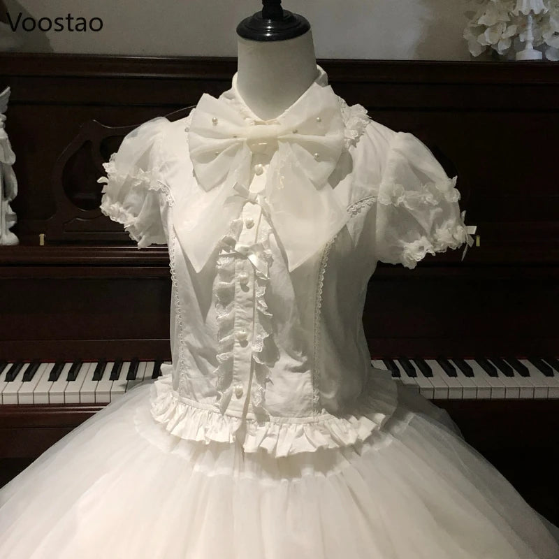 Japanese Vintage Elegant Lolita Shirt Women Classical Sweet Long Sleeve Ruffles Bow Casual Blouses Tops Victorian Gothic Blusas