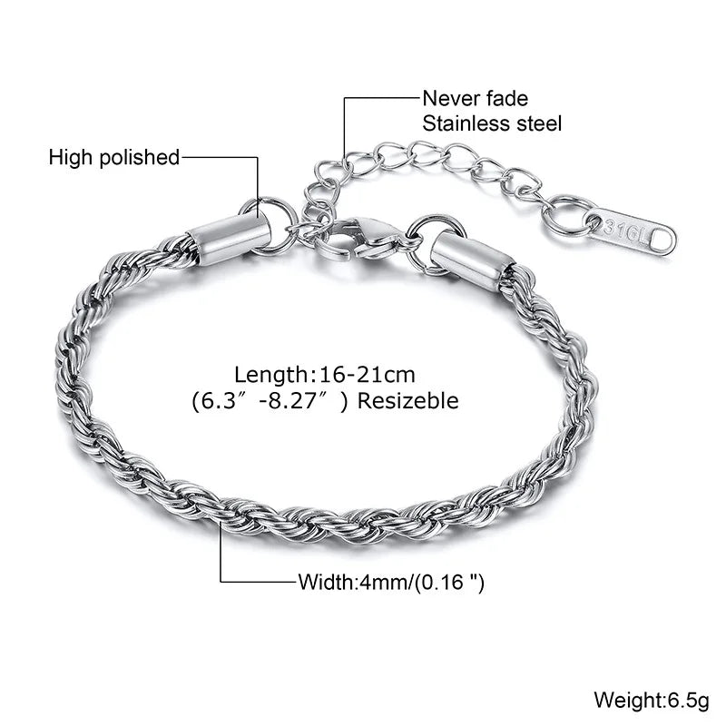 Vnox Unisex Rope Chain Bracelets for Men Women, Stainless Steel Twisted Links Chain Bracelet,Simple Classic Jewelry Gift for Him - Madeinsea©