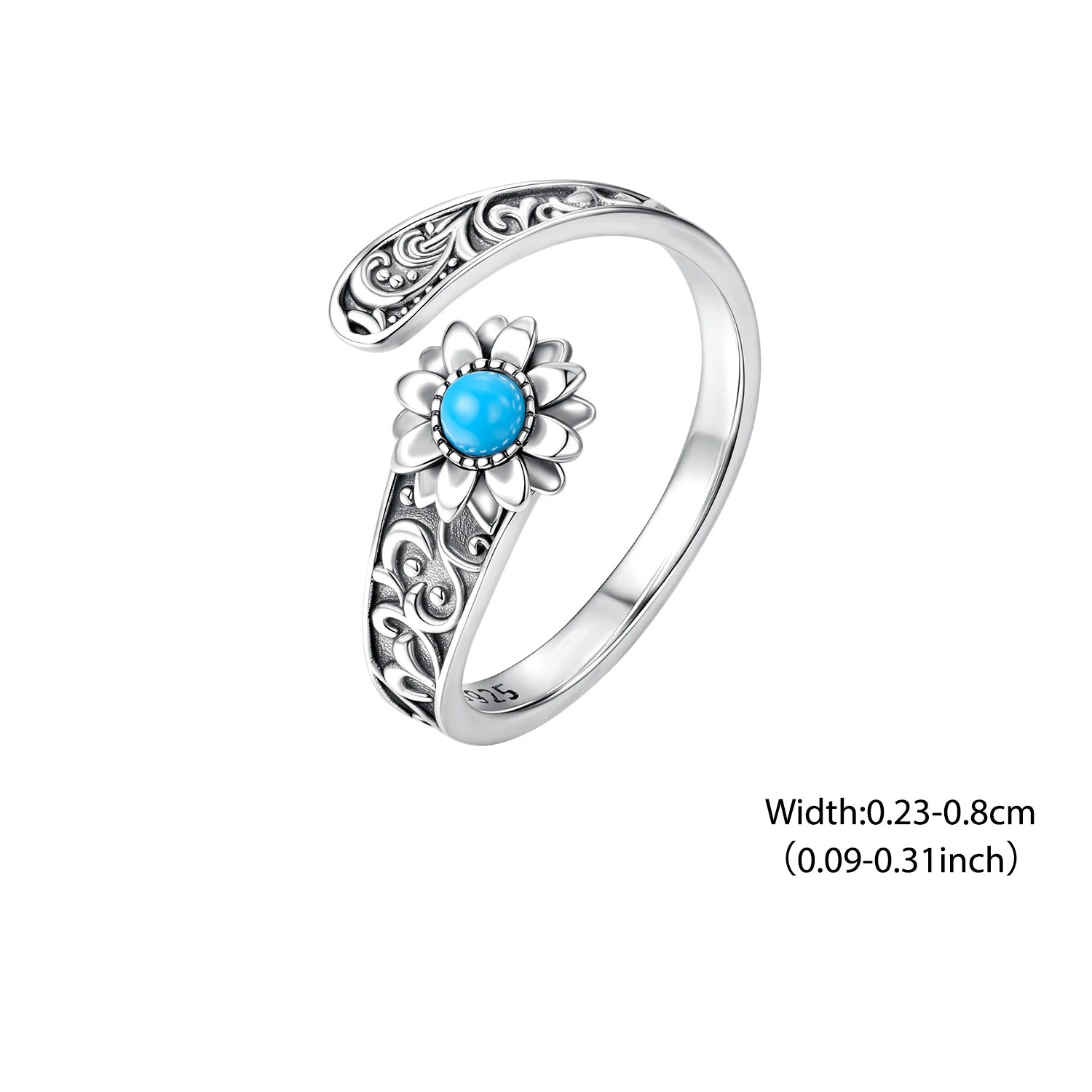 Bamoer 925 Sterling Silber Lotus Türkis Offener Ring Verstellbarer Retro-Muster Breiter Ring für Mutter Geburtstagsgeschenk Weihnachtsschmuck