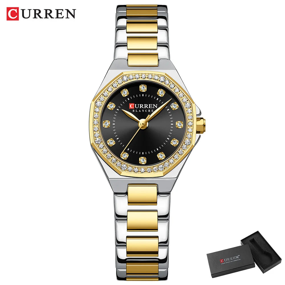 CURREN Luxury Elegance Watch for Women Simple Quartz Wristwatches with Sparkling Rhinestones Stainless Steel Bracelet Waterproof