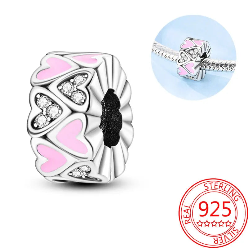 925 Sterling Silver Sparkling Pink Heart Charm Pendant Beads Fit Original Bracelet for Women Valentine Day Jewelry Gifts