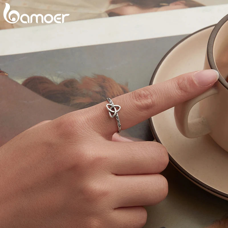 BAMOER 925 Sterling Silver Embossed Vintage Celtic Pattern Ring for Women Simple Silver Adjustable Ring Fine Jewelry Gift