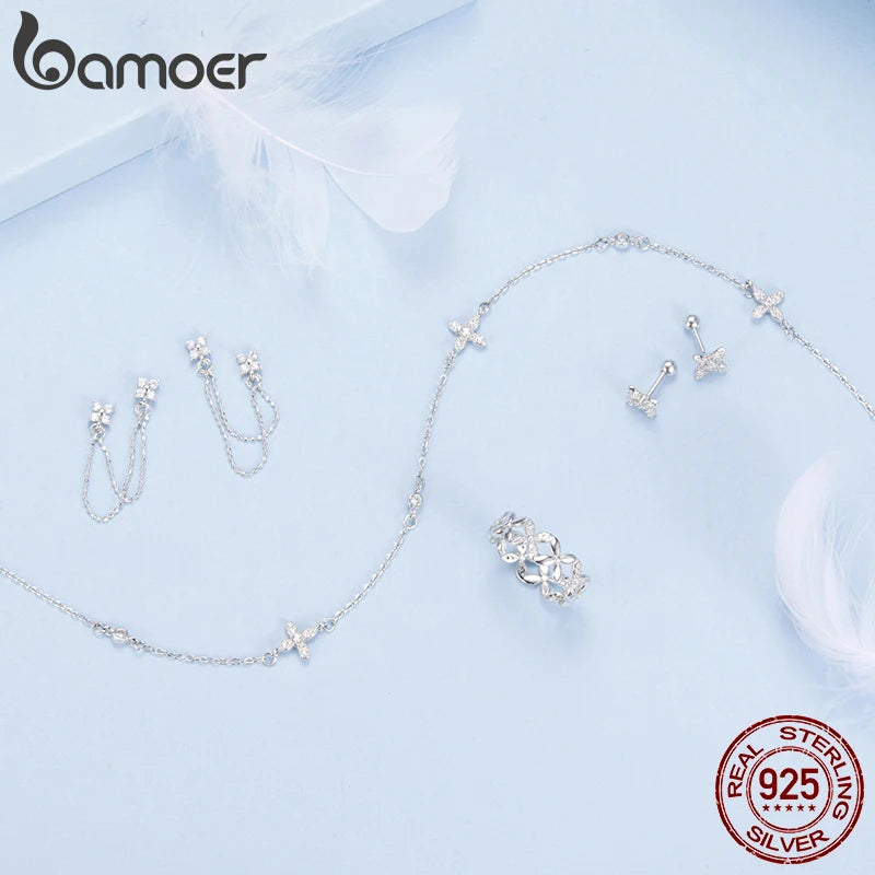 BAMOER 925 Sterling Silver Elegant Tassel Stud Earrings for Women, White Gold Plated Hypoallergenic Simple Earrings BSE1106