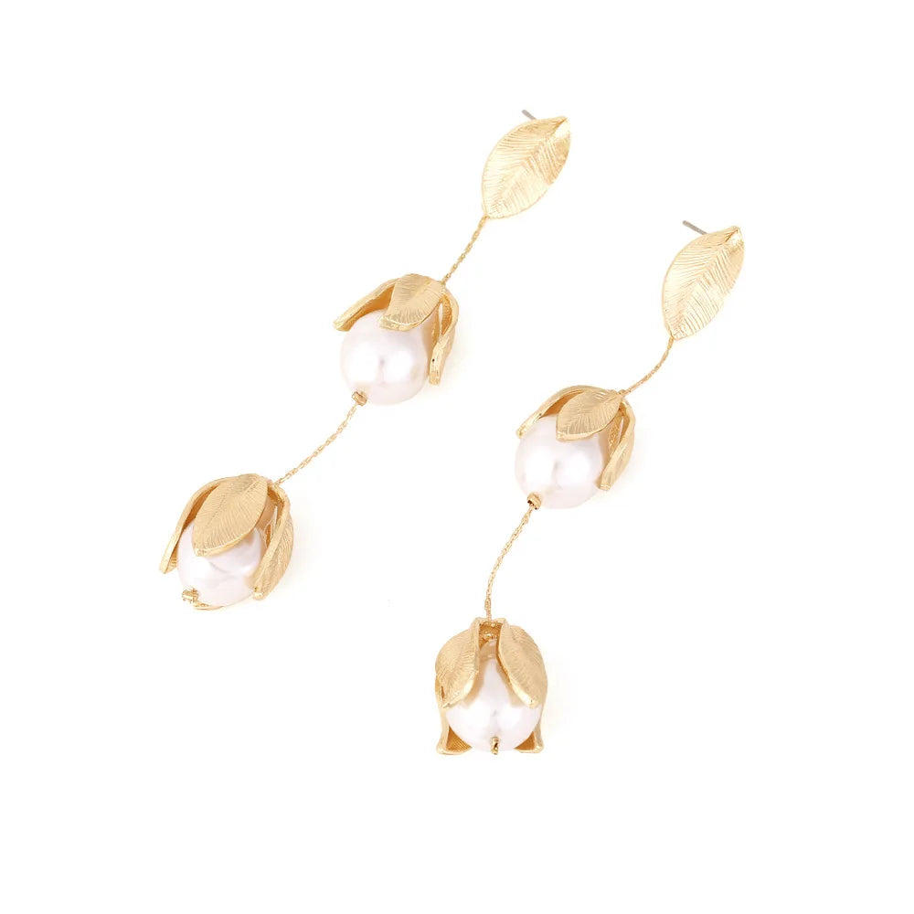 Zvoijio Temperament Long Pearl Flower Earrings Gold Color Leaf Tassel Earrings Wholesale