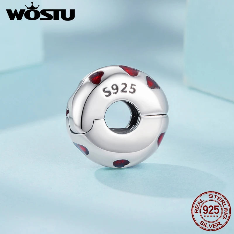 WOSTU Solid 925 Sterling Silver Enamel Red Heart Charms Clips Beads Fit Original Bracelet DIY Gift For Lover Daughter Mom