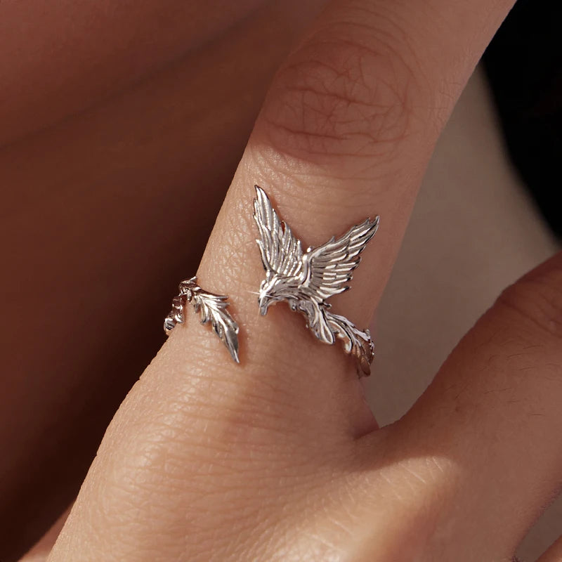 WOSTU 925 Sterling Silver Unique Vintage Style Phoenix Open Ring For Women, Elegant Open Wing Dragon Bird Animal Rings Xmas Gift