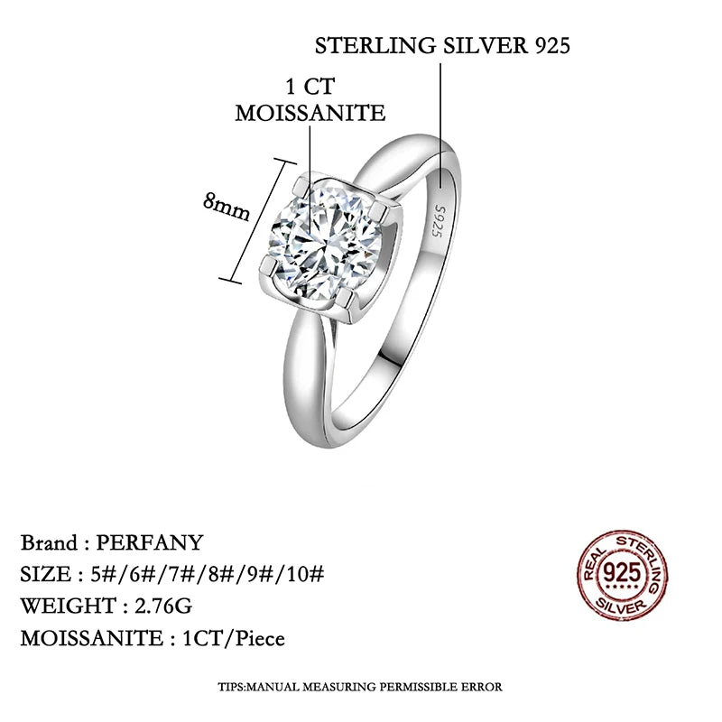 PERFANY 0.5-2CT Moissanite Ring for Women S925 Pure Silver Classic Cow Head Design Fashionable Wedding High-end Jewelry