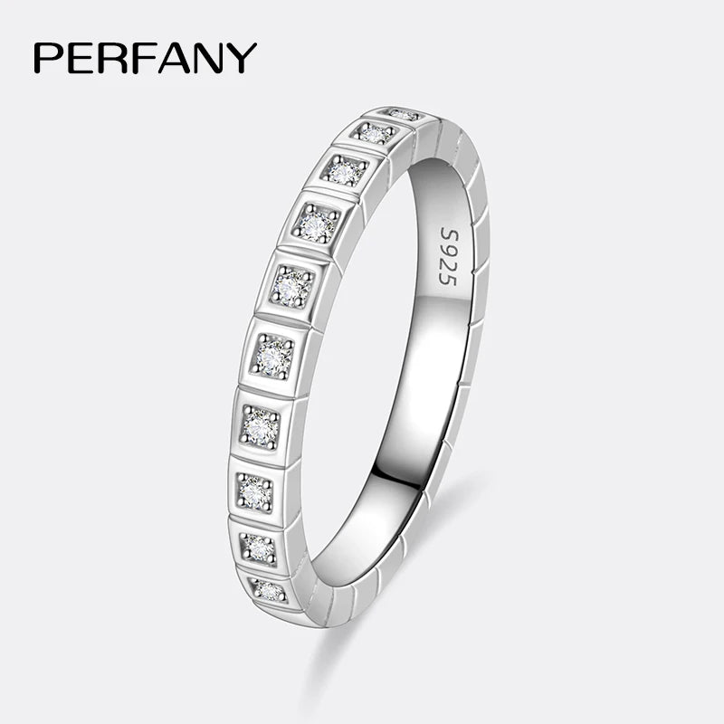 PERFANY All Moissanite Ring for Women S925 Pure Silver Small Ice Cube Design Laboratory Diamond Fashion Wedding Jewelry