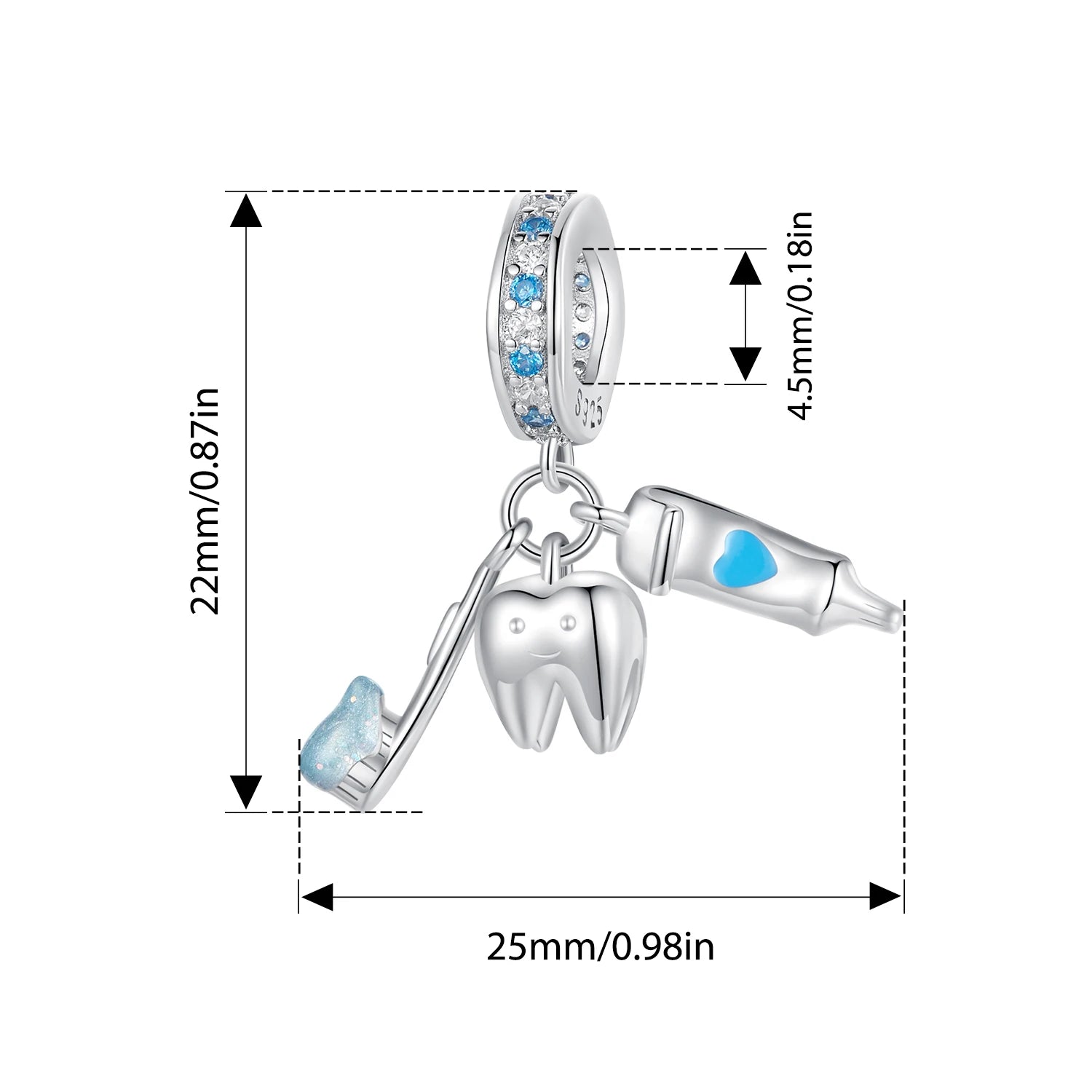 BISAER 925 Sterling Silver Tooth Charm Bead Toothbrush Toothpaste Set Pendant for Women DIY Bracelet & Neckalce Fine Jewelry