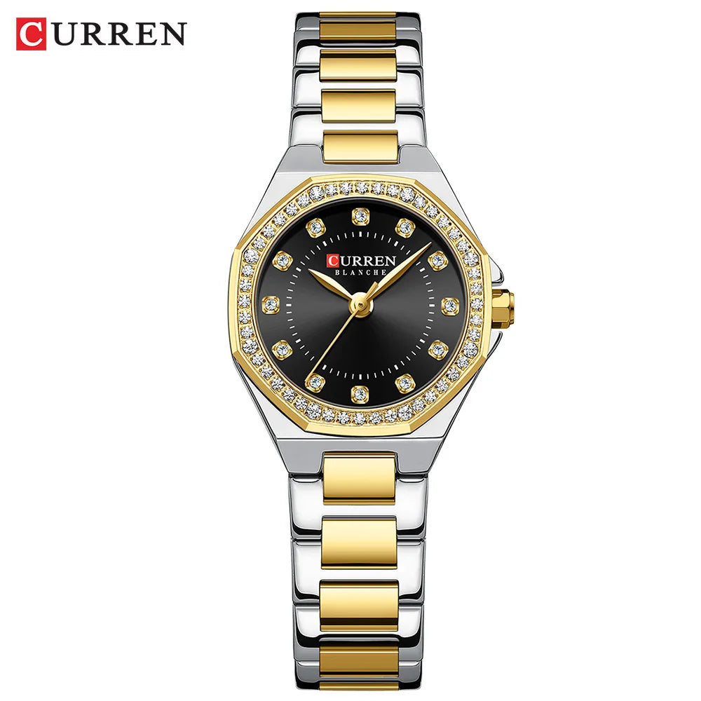 CURREN Luxury Elegance Watch for Women Simple Quartz Wristwatches with Sparkling Rhinestones Stainless Steel Bracelet Waterproof