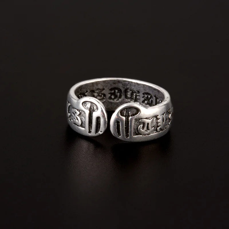 Retro Six Word Admonition Ring For Men Punk Gothic Rock Hiphop Open Ring Unisex Accessories Handmade Designer Jewelry Bless Gift