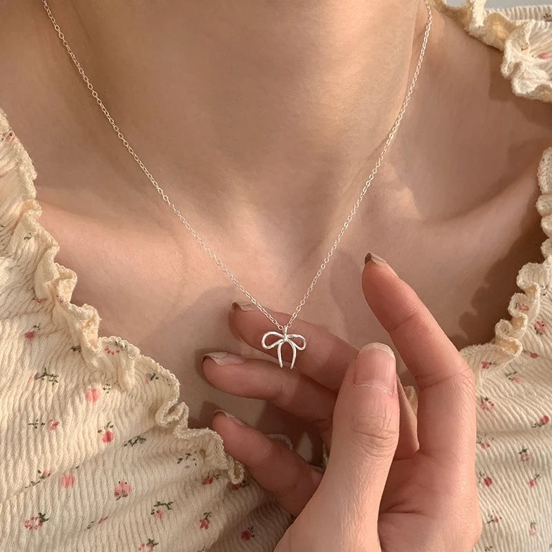 925 Sterling Silber süße Bowknot Anhänger Halskette für Frauen Mädchen Charm Kette Modeschmuck Zubehör