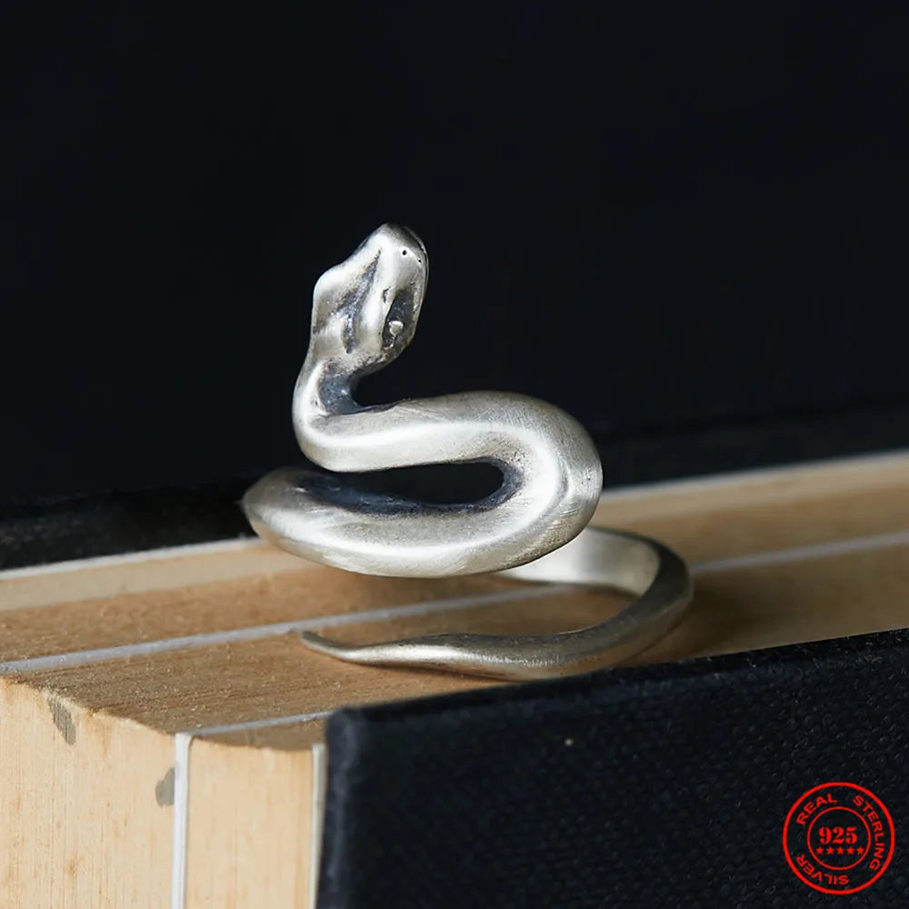 MKENDN Punk 925 Sterling Silver Snake Adjustable Ring For Men Women Gothic Trendy Street Hip Hop Dark Jewelry