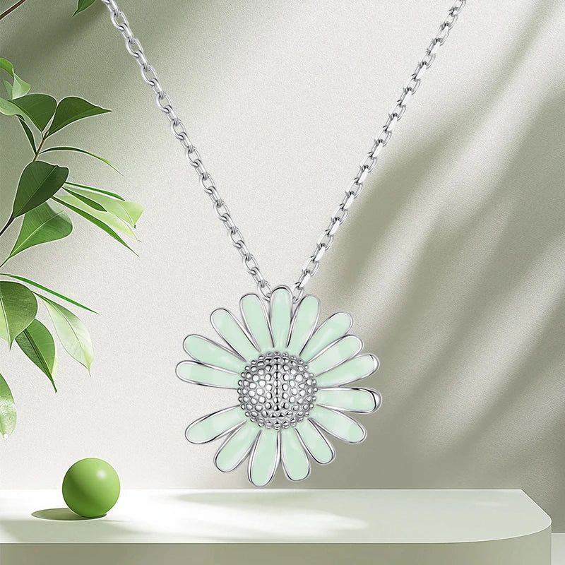 WOSTU Real 925 Sterling Silver Daisy Flower Necklace Gifts for Women, Green Enamel process Flower Pendant Party Xmas Jewelry New