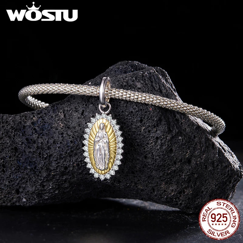 WOSTU 925 Sterling Silver Virgin Mary Pendant Cross Charms Wings of Protection Beads Fit Original Bracelet Necklace DIY Gift