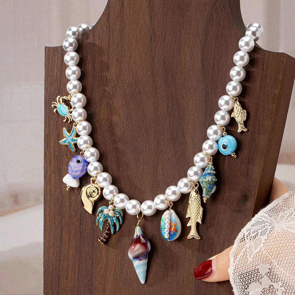 Summer Beach Vacation Sea Star Conch Shell Pendant Pearl Women's Short Necklace