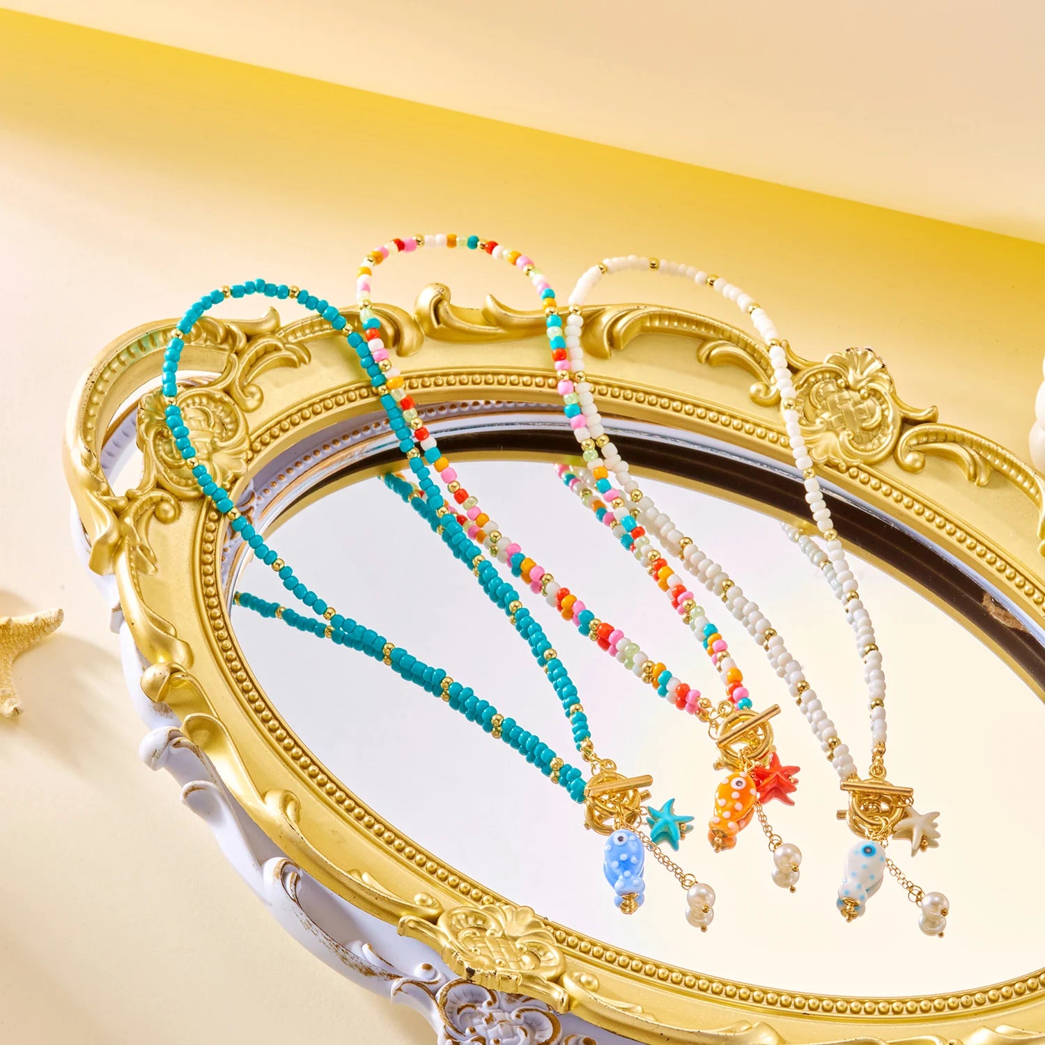 Charm Ceramic Cartoon Fish Pendant Necklace For Women Girls Colorful Rice Beads Starfish OT Buckle Choker Beach Party Jewelry