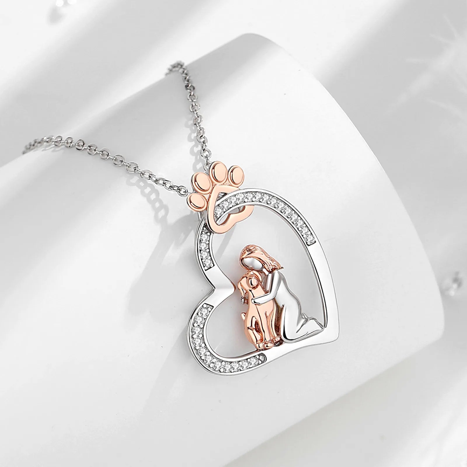 Eudora Original 925 Sterling Silver Women And Dog Necklace Temperament Heart Zircon Rose Gold Dog Footprint Pendant Jewelry Gift