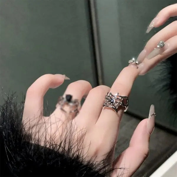 Halloween Creative Black Spider Opening Ring For Women Crystal Irregular Dark Animal Bat Ghost Gothic Finger Rings Party Jewelry